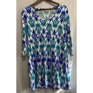 Boden Blue Teal White Damask Swing 3/4 Sleeve V Neck Knee Length Dress Size 12P